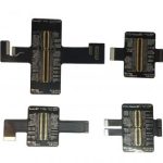 تصویر چهار تخته مدار مشکی با کانکتورهای طلایی، شبیه iBridge فلت تست مادربرد مدل آیفون ۶. هر تخته دارای چندین ردیف از نقاط اتصال کوچک است که با متن سفید برچسب گذاری شده و اندازه و شکل متفاوتی دارند. آنها بر روی پس زمینه سفید به شکل متقاطع چیده شده اند که یادآور فلت تست مادربرد است.