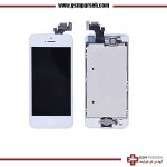 نمای جلو و پشت یک ال سی دی آیفون 5 - صفحه نمایش LCD آیفون 5 و مجموعه دیجیتایزر، جدا از دستگاه. پس‌زمینه سفید است، با متن وب‌سایت در بالا و آرم شرکت در زیر.