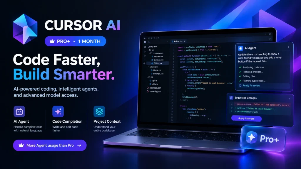 اشتراک (پلاس) Cursor AI Coder Pro+ یک‌ماهه | تجربه حرفه‌ای برنامه‌نویسی با هوش مصنوعی
